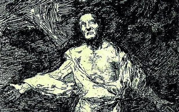 Nº 1 ‘Tristes presentimientos de lo que ha de acontecer’. Estampa introductoria de la serie ‘Desastres de la guerra’. Goya recurre en ella a un personaje alegórico, un miserable doliente, para reflejar la indefensión del pueblo español, abandonado por sus gobernantes ante los invasores, y los negros nubarrones poblados de monstruos que se ciernen sobre él.