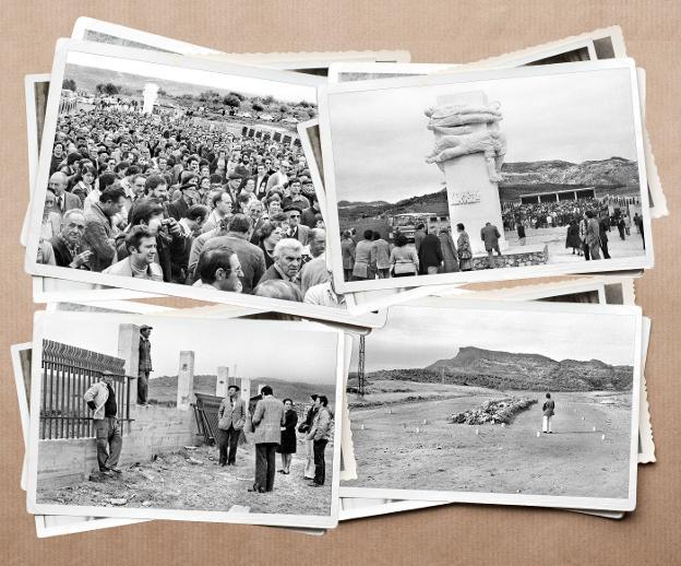 En obras. Trabajos para dotar al paraje de un vallado perimetral, en los que participaron las familias. :: Foto Teo (Archivo Casa de La Imagen) Fecha simbólica. Acto de inauguración del memorial de La Barranca el Primero de Mayo de 1979 y monumento de Alejandro Rubio Dalmati alusivo al horror vivido en la guerra. :: Foto Teo (Archivo Casa de La Imagen) Zona de cultivo. Las tres fosas en las que se enterraron a los asesinados se ubicaron en la Dehesa de Barrigüelo, en término de Lardero. Foto Teo (Archivo Casa de La Imagen)/