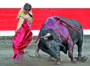 Diego Urdiales da un pase a su primer toro durante la octava corrida de abono de la Semana Grande de Bilbao celebrada ayer en la plaza de toros de Vista Alegre. :: EFE/
