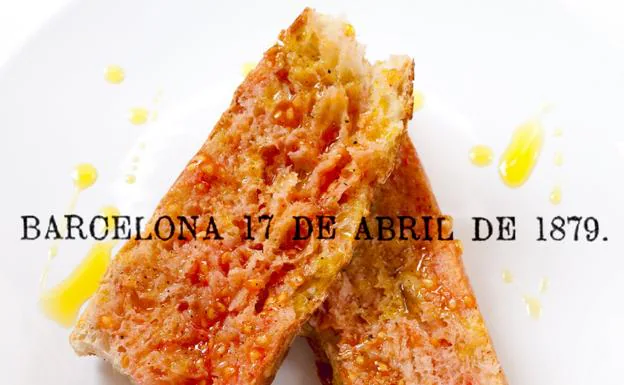 Fotomontaje de unas rebanadas de pan con aceite y tomate y la fecha de la primera mención al manjar./