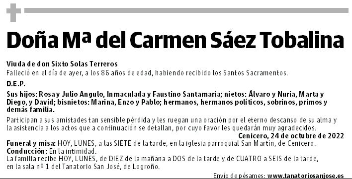 Doña Mª del Carmen Sáez Tobalina