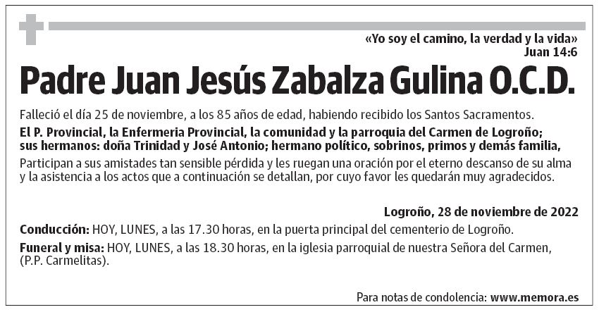 Padre Juan Jesús Zabalza Gulina O.C.D.