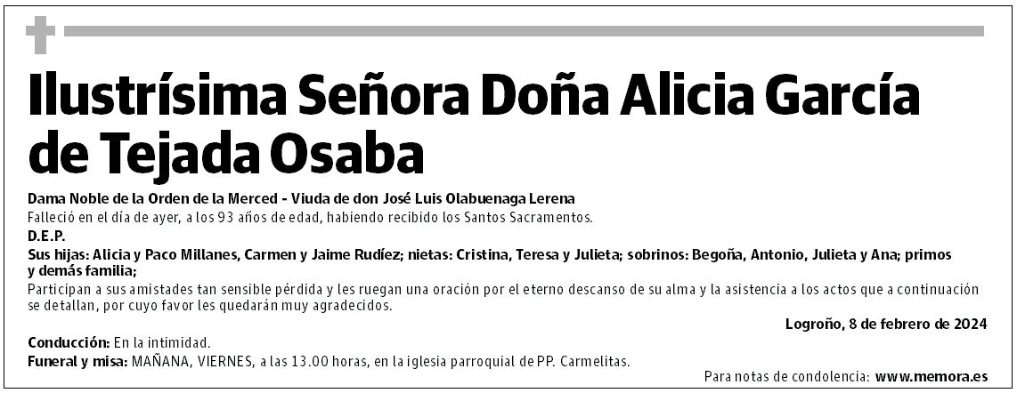Ilustrísima Señora Doña Alicia García de Tejada Osaba