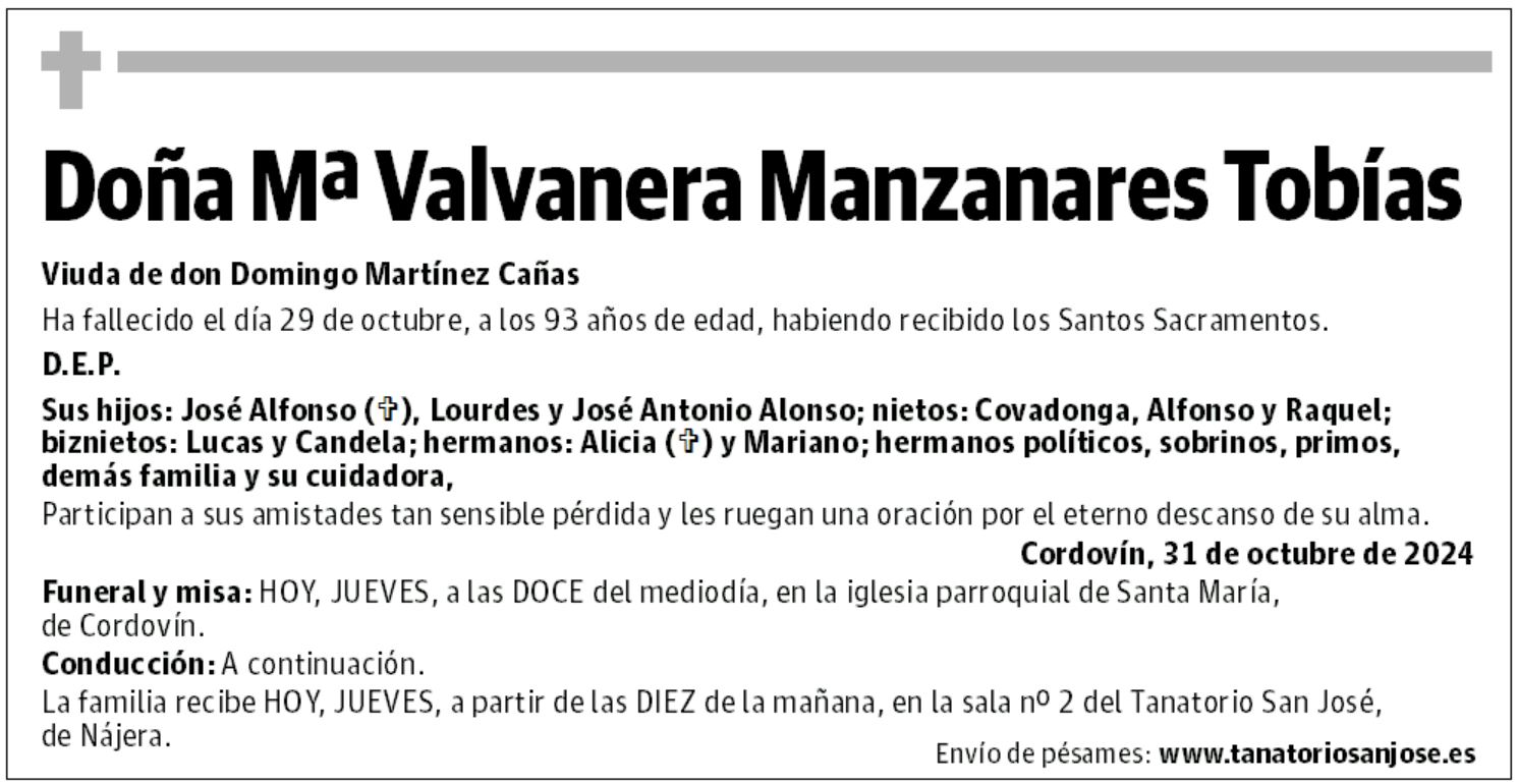 Doña Mª Valvanera Manzanares Tobías
