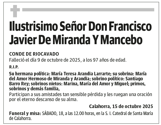 Ilustrisimo Señor Don Francisco Javier De Miranda Y Mancebo